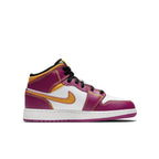 Jordan 1 Mid Dia de los Muertos GS with white, magenta, and gold accents.