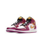 Air Jordan 1 Mid Dia de los Muertos GS sneakers in white, magenta, and gold for kids.