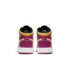 Back view of Air Jordan 1 Mid Dia de los Muertos (GS) featuring magenta and gold accents.