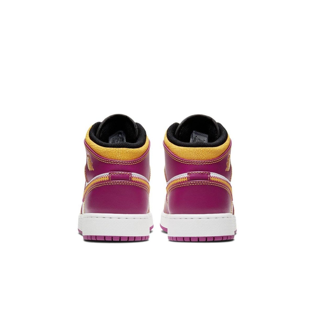 Back view of Air Jordan 1 Mid Dia de los Muertos (GS) featuring magenta and gold accents.