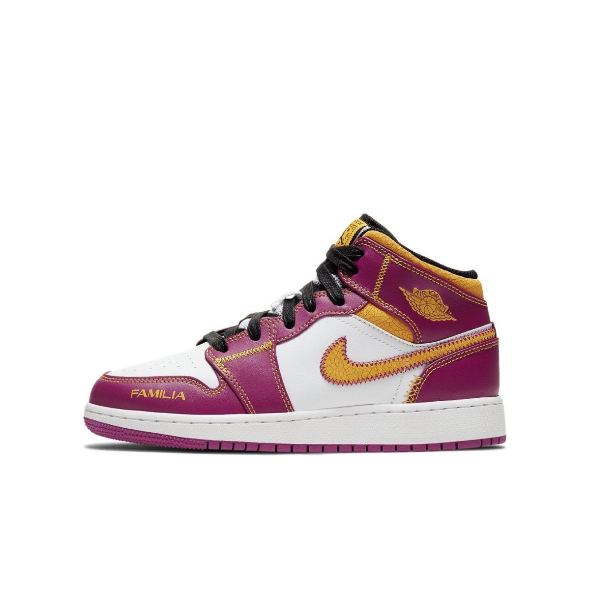 Jordan 1 Mid Dia de los Muertos (GS) with white, magenta, and gold accents for kids, inspired by traditional altars.