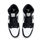 Top view of Jordan 1 Mid Diamond Shorts sneakers in black and white leather with iconic logo.