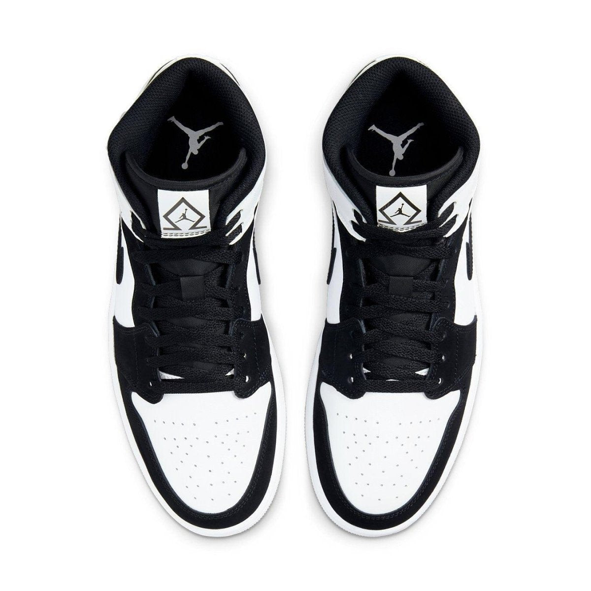 Top view of Jordan 1 Mid Diamond Shorts sneakers in black and white leather with iconic logo.