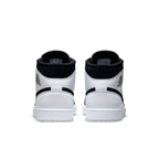 Rear view of Jordan 1 Mid Diamond Shorts, featuring white and black leather design with iconic Air Jordan branding.