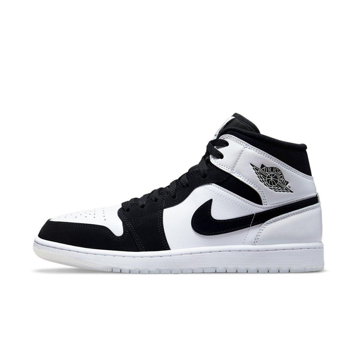 Jordan 1 Mid Diamond Shorts sneaker featuring a black and white leather upper with nylon details.