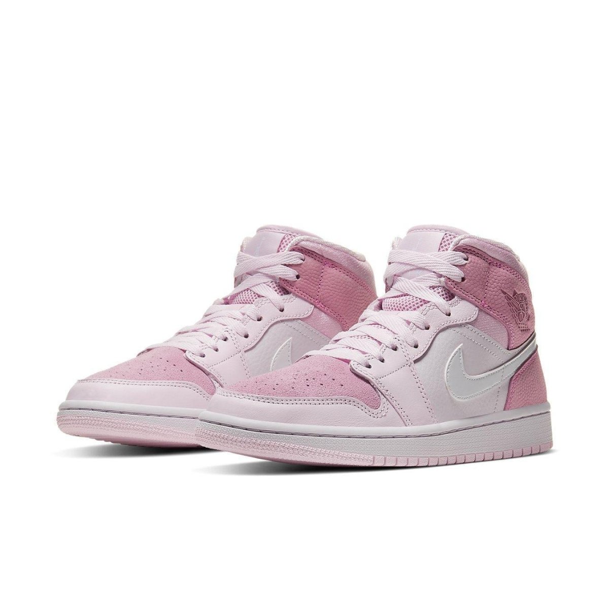 Air Jordan 1 Mid Digital Pink women's sneakers with multi-textured suede and leather design.