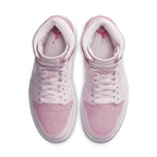 Top view of Air Jordan 1 Mid Digital Pink sneakers featuring suede and leather textures, perfect for stylish women.