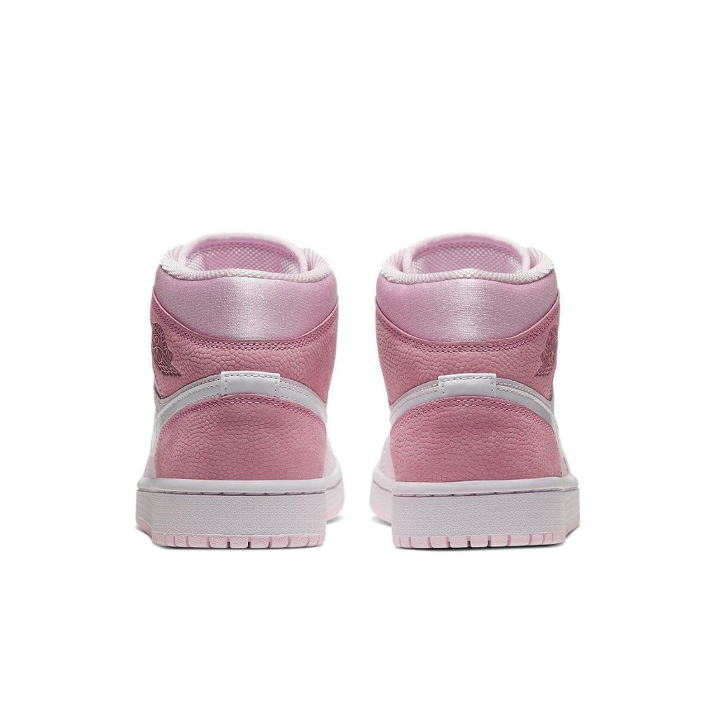 Back view of Air Jordan 1 Mid Digital Pink (W) showcasing pink suede and leather details.