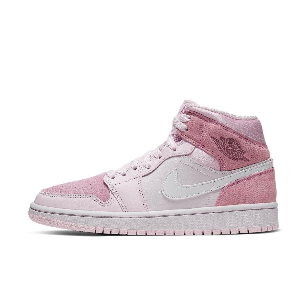Air Jordan 1 Mid Digital Pink for women, featuring multi-textured suede and leather design in soft pink hues.