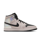 Nike Air Jordan 1 Mid Dirty Powder Iridescent women's sneakers in pink and black suede.