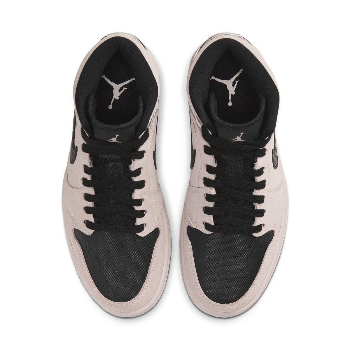 Jordan 1 Mid Dirty Powder Iridescent women's sneakers featuring pink and beige suede upper with black accents.