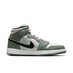 Air Jordan 1 Mid Dutch Green for women featuring pastel green, black Swoosh, and pink laces.