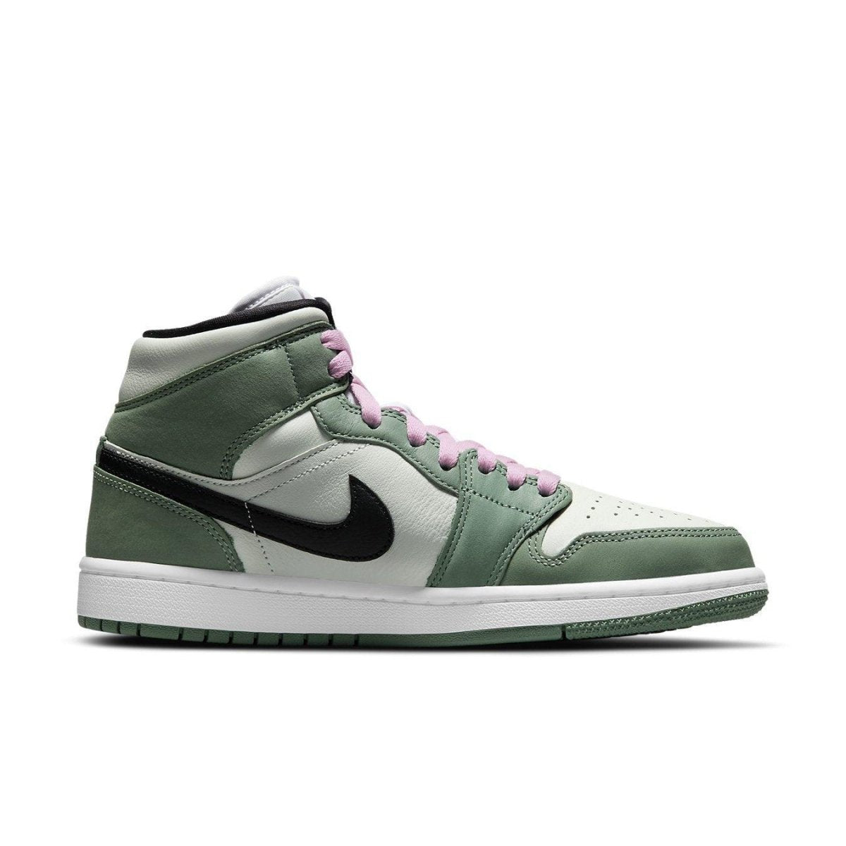 Air Jordan 1 Mid Dutch Green for women featuring pastel green, black Swoosh, and pink laces.