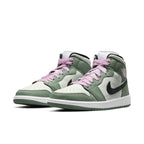 Air Jordan 1 Mid Dutch Green for women featuring pastel green tones and pink laces.
