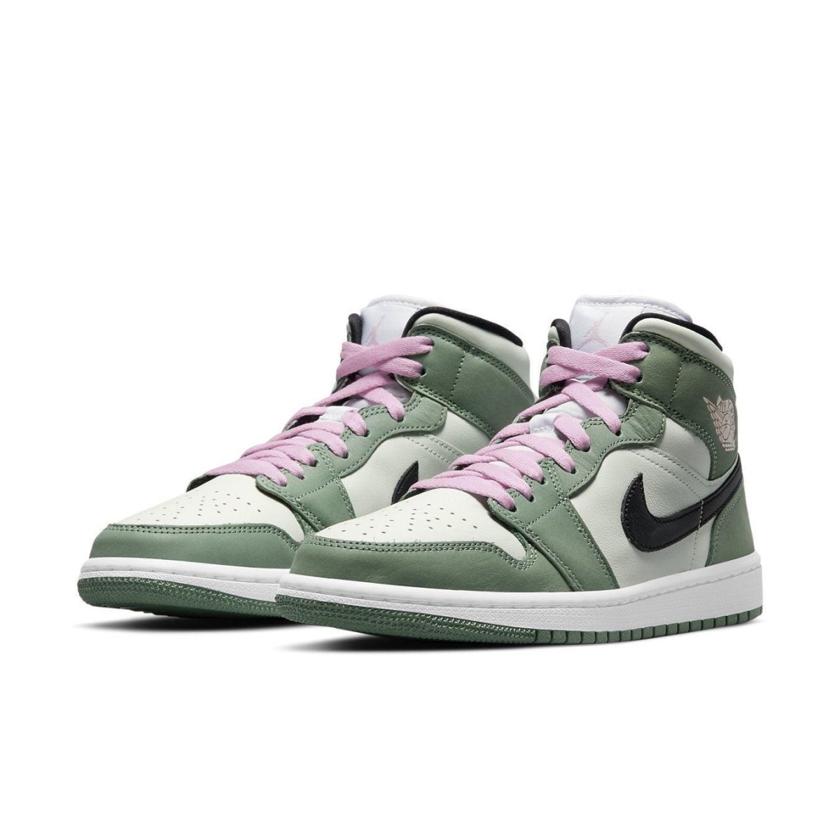 Air Jordan 1 Mid Dutch Green for women featuring pastel green tones and pink laces.