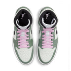 Air Jordan 1 Mid Dutch Green Women’s sneakers featuring pastel green, black Swoosh, and pink laces.