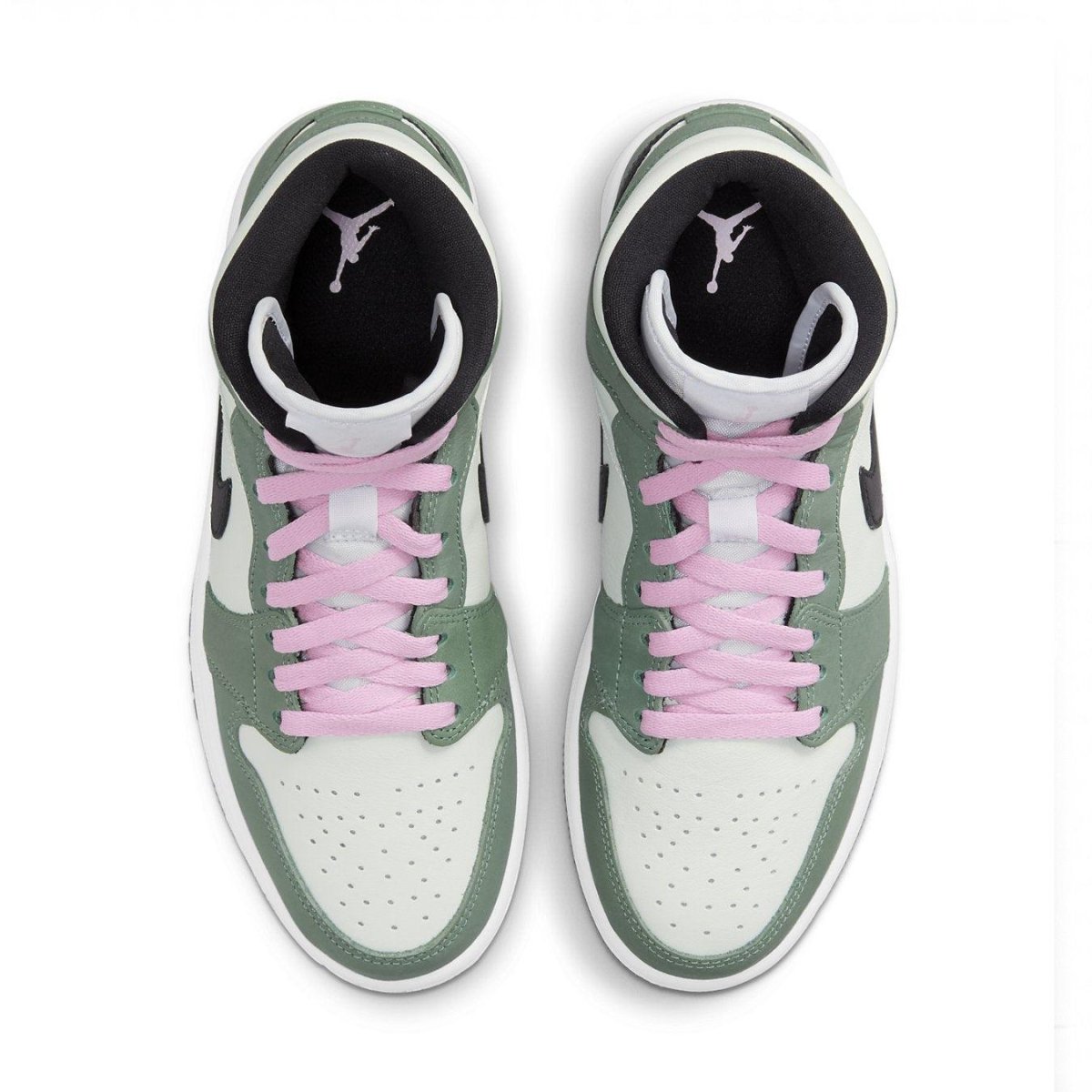 Air Jordan 1 Mid Dutch Green Women’s sneakers featuring pastel green, black Swoosh, and pink laces.