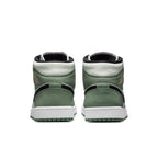 Rear view of women's Jordan 1 Mid SE Dutch Green sneakers featuring pastel green, black Swoosh, and pink Wings emblem.