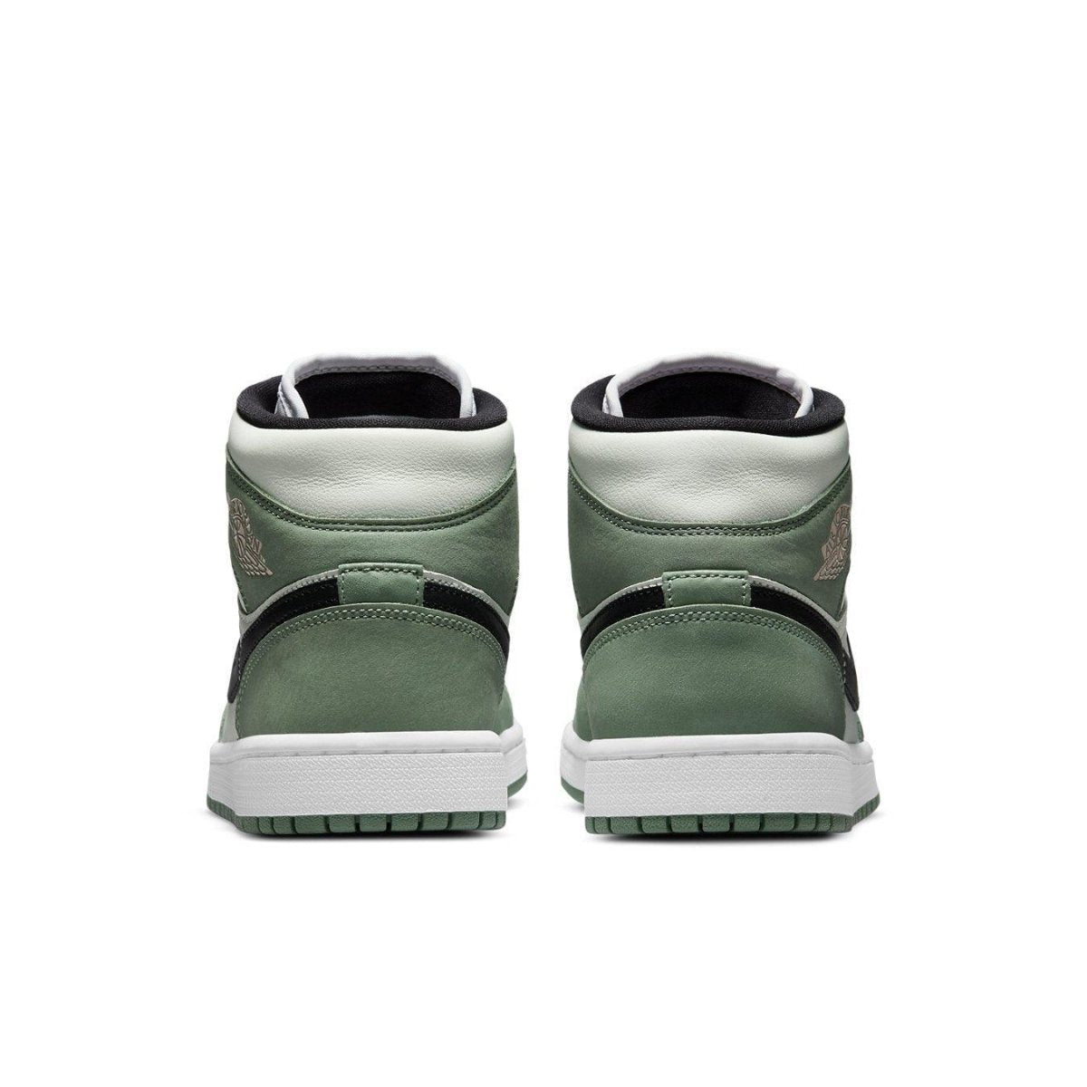Rear view of women's Jordan 1 Mid SE Dutch Green sneakers featuring pastel green, black Swoosh, and pink Wings emblem.