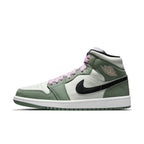Jordan 1 Mid SE Dutch Green sneakers for women featuring pastel green, pink laces, and black swoosh.