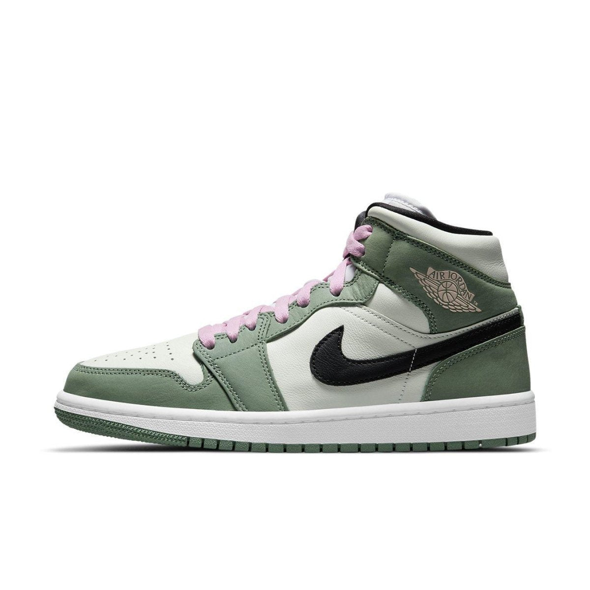 Jordan 1 Mid SE Dutch Green sneakers for women featuring pastel green, pink laces, and black swoosh.
