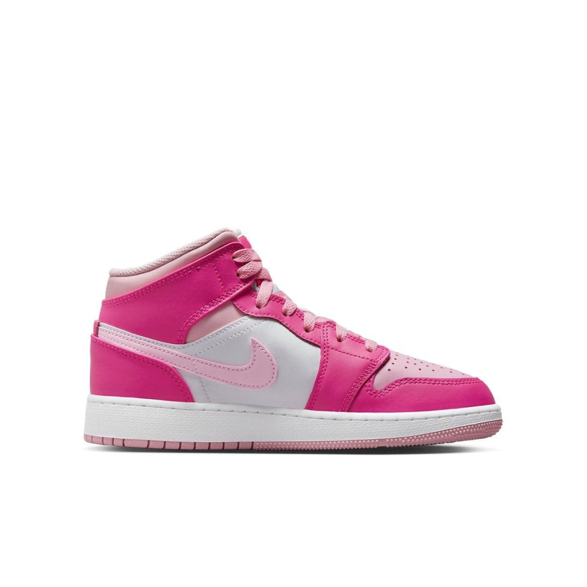 Nike Jordan 1 Mid Fierce Pink GS sneaker with pink and white color scheme.