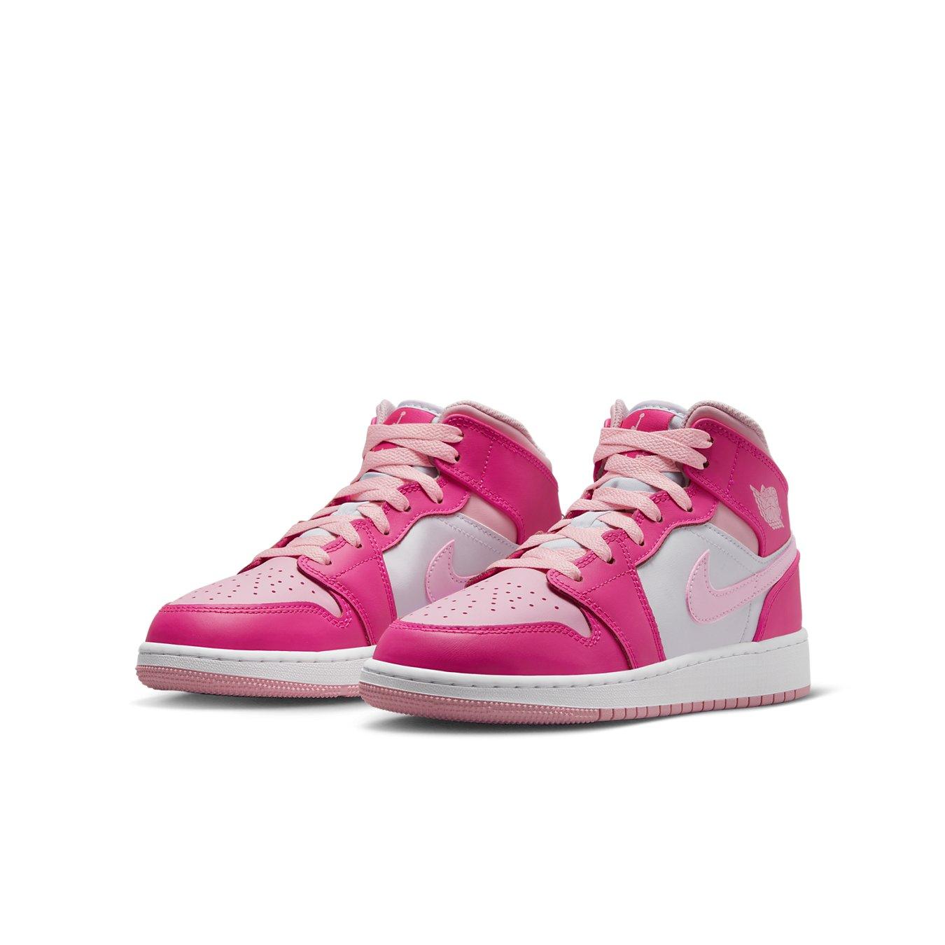 Jordan 1 Mid Fierce Pink (GS) sneakers featuring a pink and white design, high-quality leather, and iconic Swoosh.