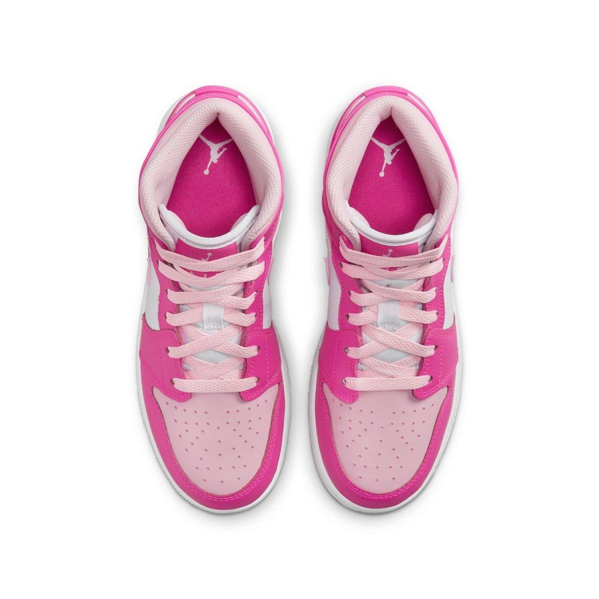 Top view of Jordan 1 Mid Fierce Pink (GS) showcasing vibrant pink and white details on the shoe.
