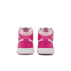 Jordan 1 Mid Fierce Pink (GS) back view showcasing vibrant pink leather design and white sole.