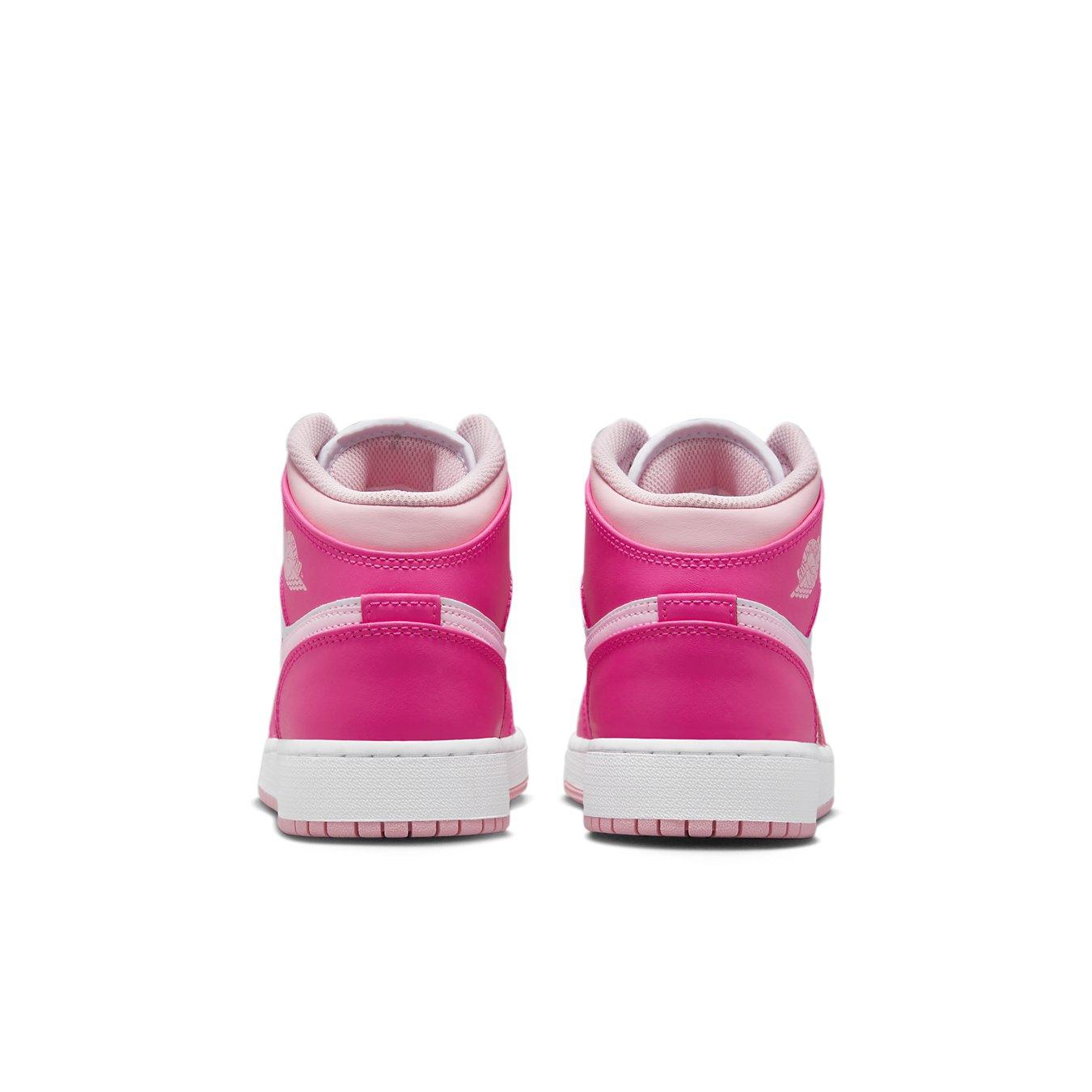Jordan 1 Mid Fierce Pink (GS) back view showcasing vibrant pink leather design and white sole.