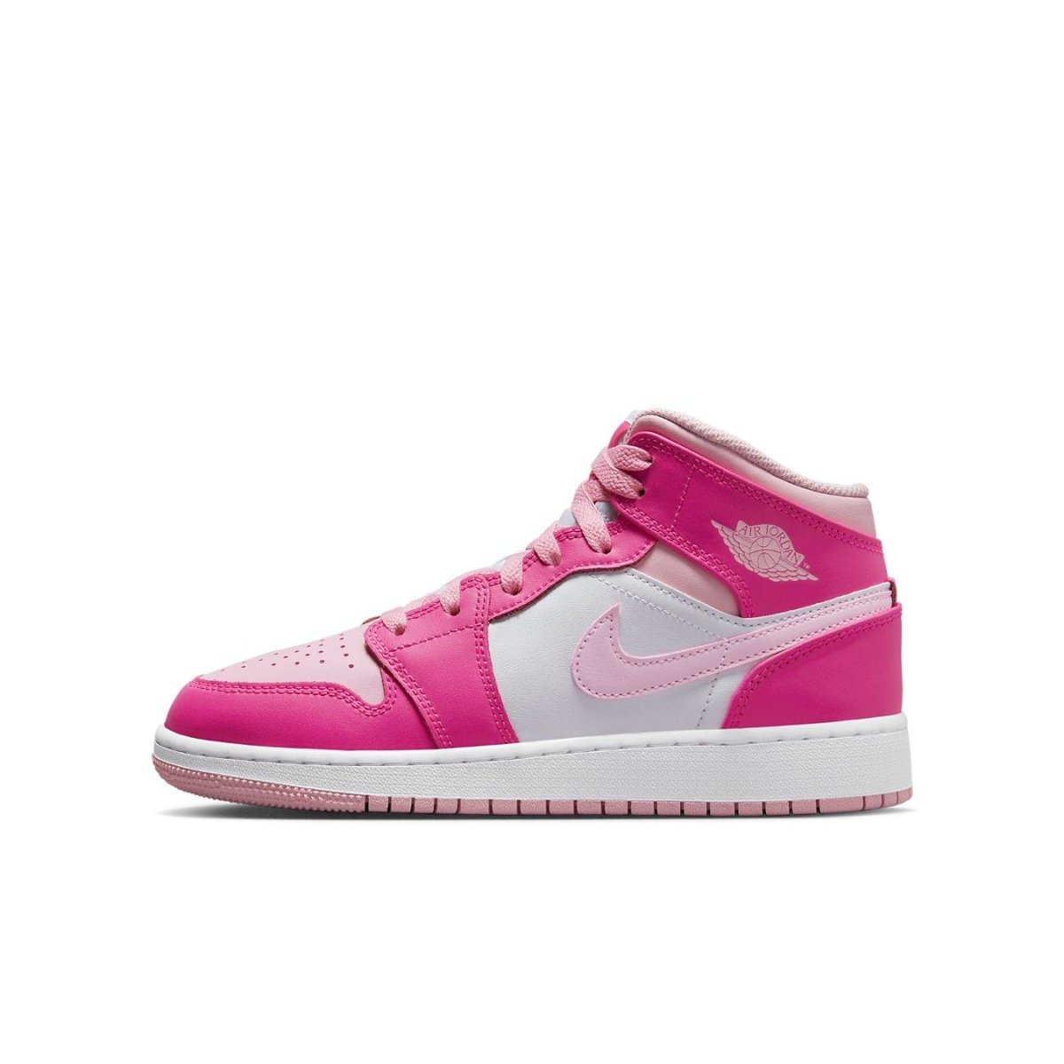 Jordan 1 Mid Fierce Pink (GS) sneaker featuring a vibrant pink and white design with premium leather.