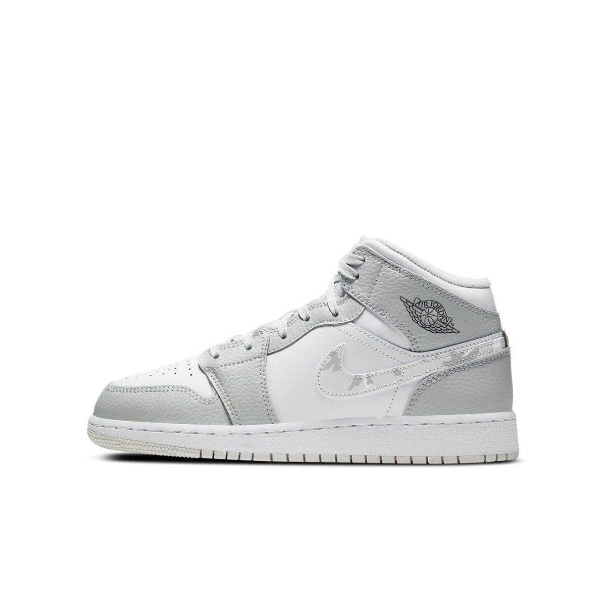 Air Jordan 1 Mid SE GS Grey Camo sneaker for kids, featuring a sleek white and grey design.