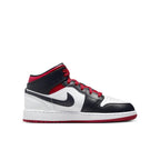 Air Jordan 1 Mid Gym Red Black Toe GS, sneaker with high-quality leather and iconic design, featuring black, red, and white colors.