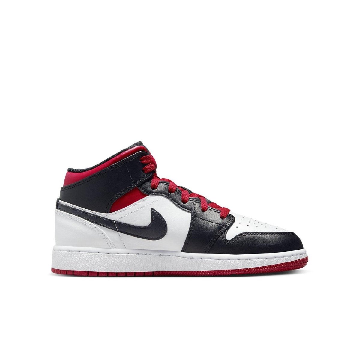 Air Jordan 1 Mid Gym Red Black Toe GS, sneaker with high-quality leather and iconic design, featuring black, red, and white colors.