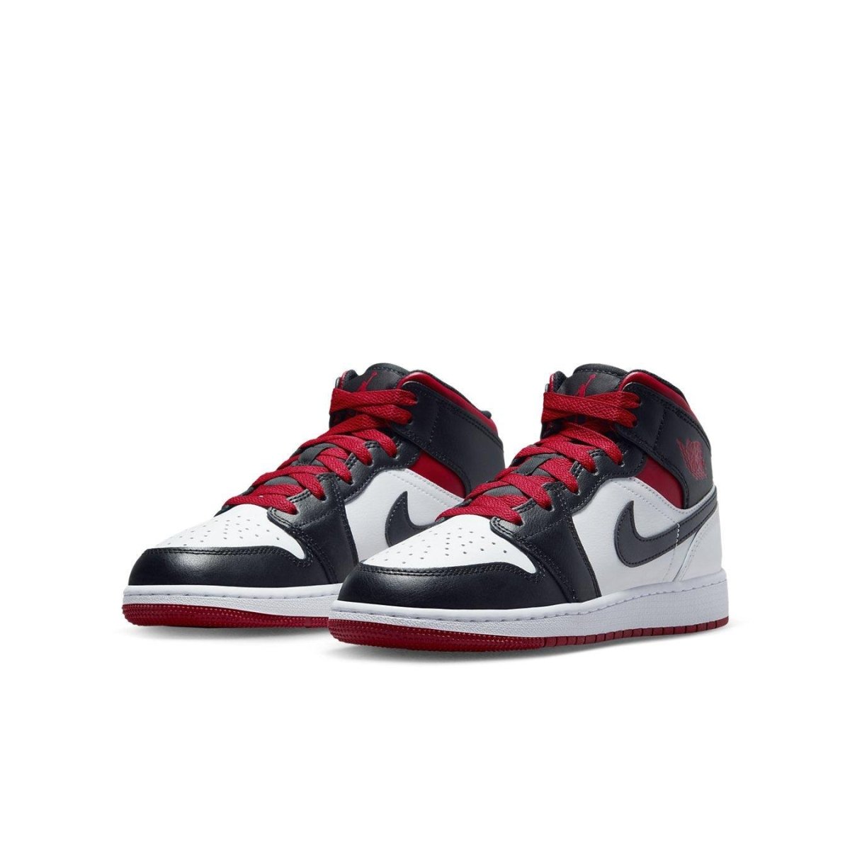Air Jordan 1 Mid Gym Red Black Toe GS featuring leather upper and iconic Swoosh design.
