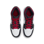 Air Jordan 1 Mid Gym Red Black Toe GS top view showcasing white, red, and black color scheme with iconic branding.