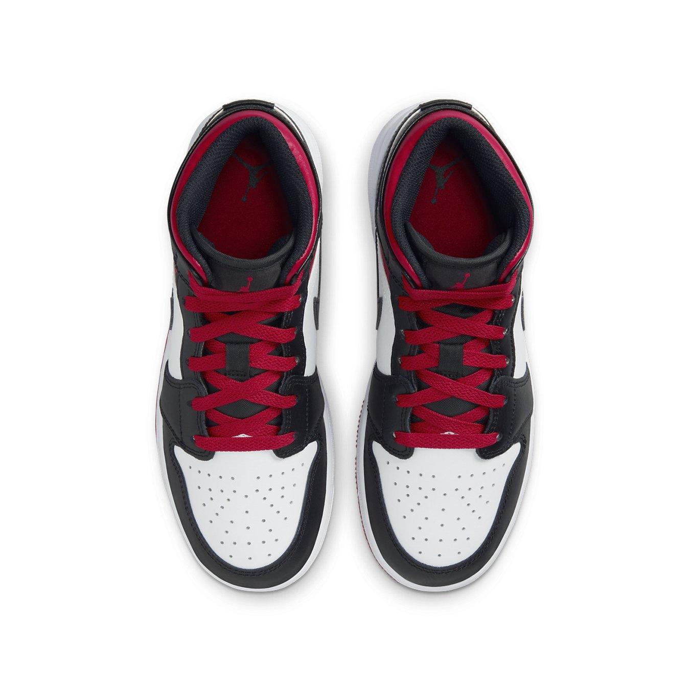 Air Jordan 1 Mid Gym Red Black Toe GS top view showcasing white, red, and black color scheme with iconic branding.