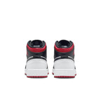 Air Jordan 1 Mid Gym Red Black Toe GS, rear view showcasing premium leather and iconic design.