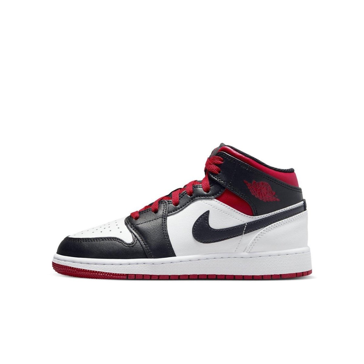 Air Jordan 1 Mid Gym Red Black Toe GS, featuring premium leather, Swoosh logo, and classic colorway for style and comfort.