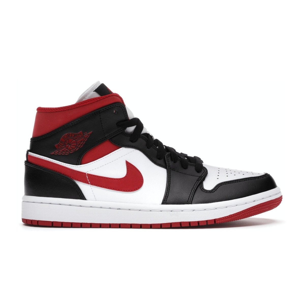 Air Jordan 1 Mid Gym Red Black White sneaker featuring classic Chicago colorway, leather upper, and red accents.