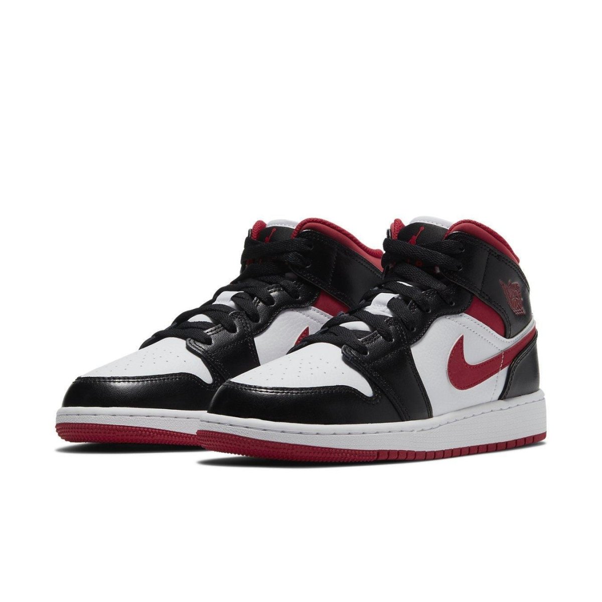 Jordan 1 Mid Gym Red Black White sneakers featuring sleek black, white leather, and vibrant red details.