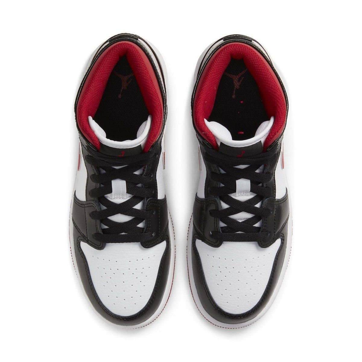 Top view of Air Jordan 1 Mid Gym Red Black White sneakers showcasing sleek design and color contrast.
