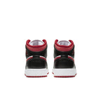 Rear view of Air Jordan 1 Mid Gym Red Black White sneakers showcasing stylish design.