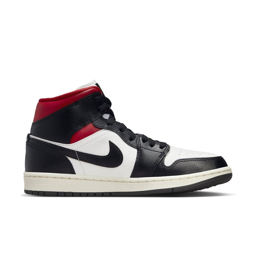 Nike Air Jordan 1 Mid Gym Red Panda sneaker in red, black, and white with a mid-top design.