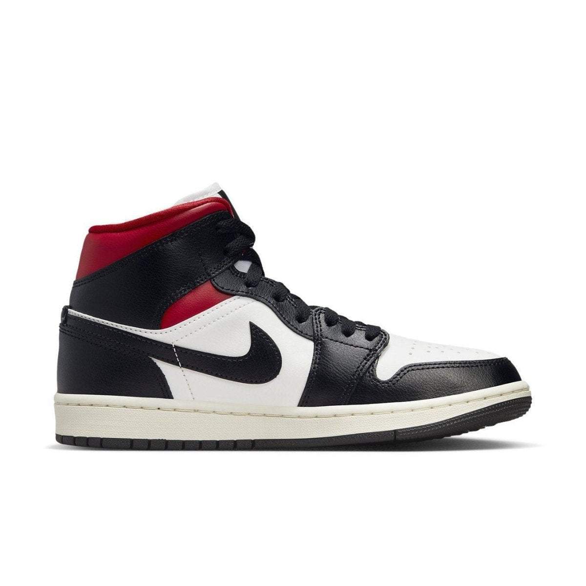 Nike Air Jordan 1 Mid Gym Red Panda sneaker in red, black, and white with a mid-top design.