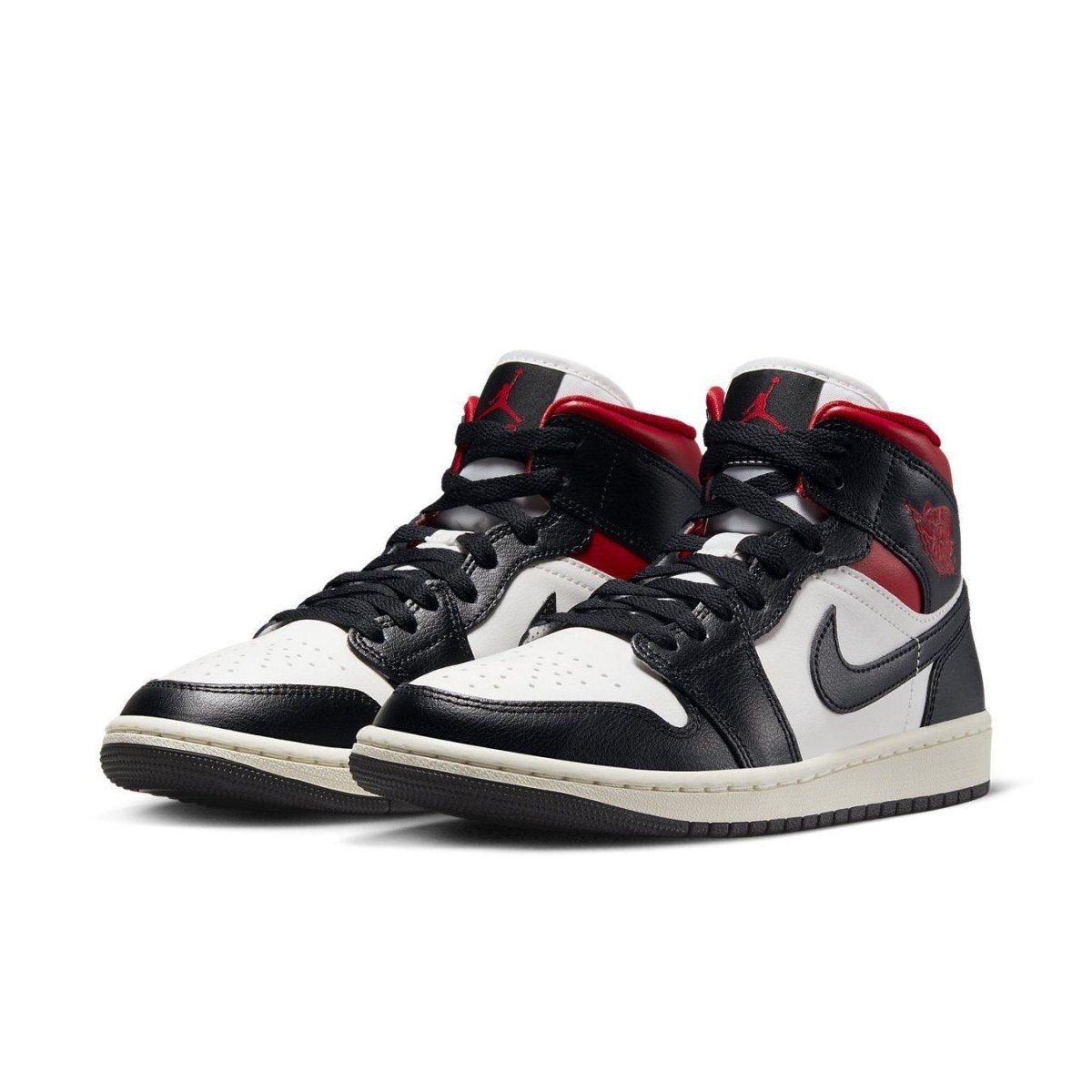 Jordan 1 Mid Gym Red Panda (W) sneaker in black, red, and white with mid-top design and rubber sole.