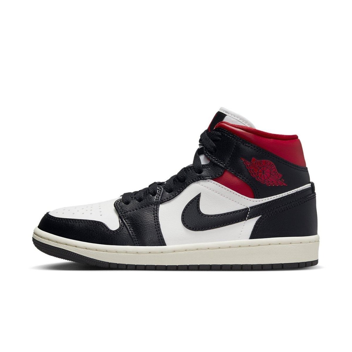 Jordan 1 Mid Gym Red Panda sneakers in red and black with white accents, featuring a mid-top design and rubber sole.