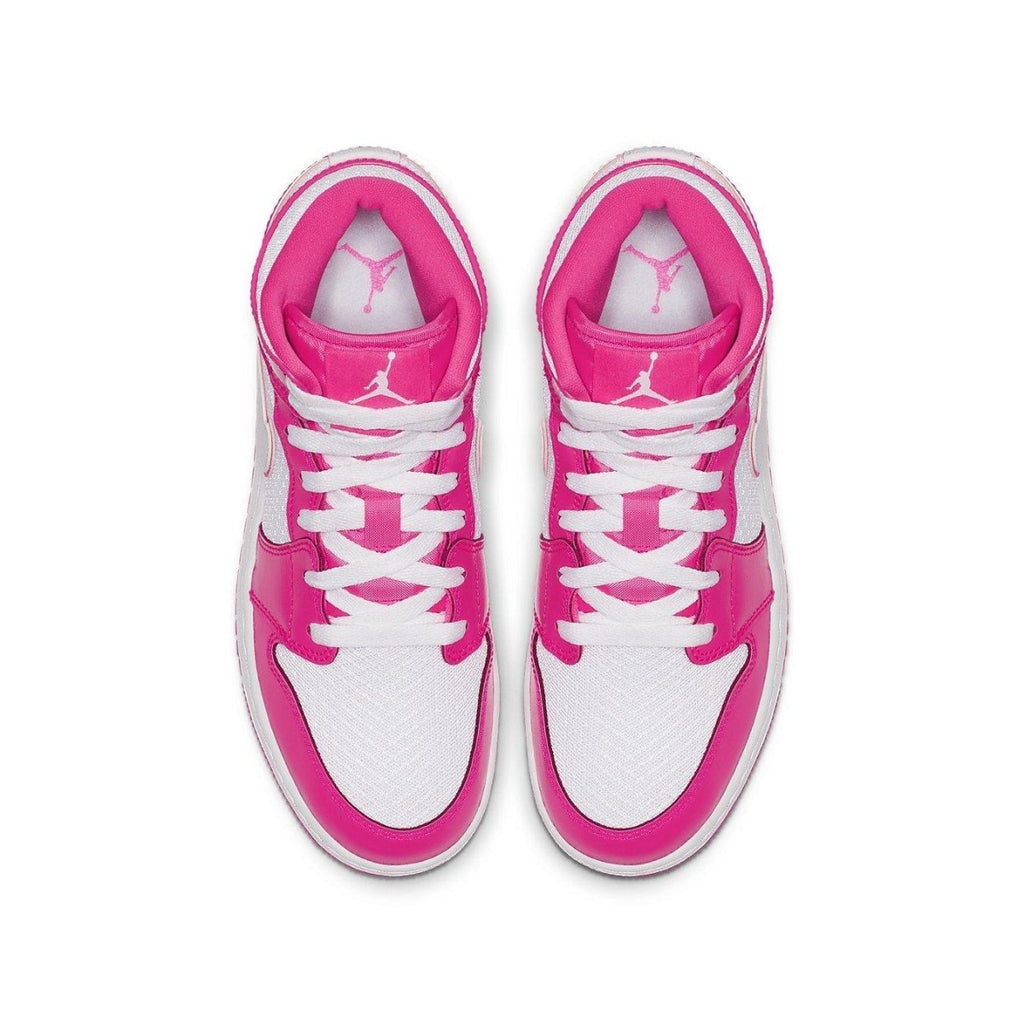 Top view of Jordan 1 Mid Hyper Pink White GS sneakers featuring vibrant pink and white design.