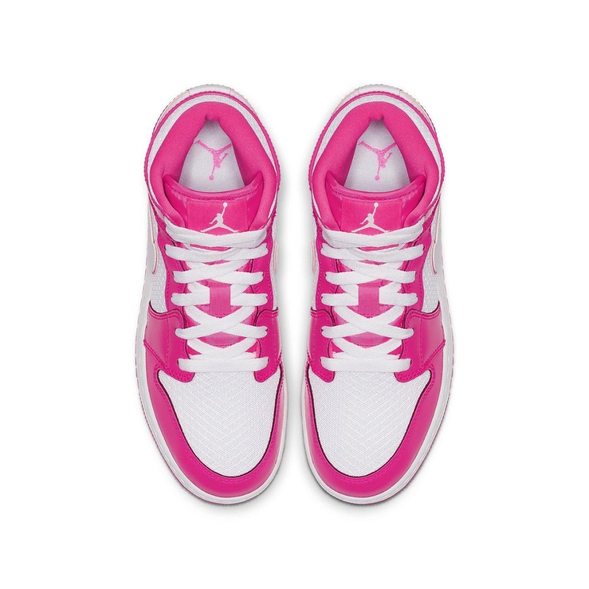 Top view of Jordan 1 Mid Hyper Pink White GS sneakers featuring vibrant pink and white design.