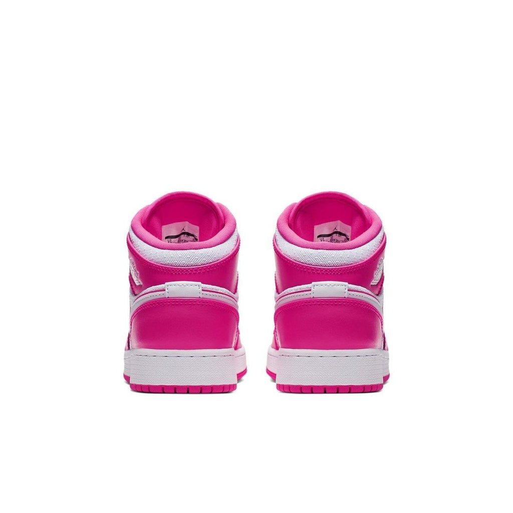 Rear view of the Jordan 1 Mid Hyper Pink White (GS) sneakers showcasing vibrant pink and white design.